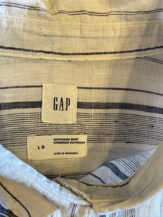 Coastal European Linen Oversized Boyfriend Shirt Blue Stripe Relaxed Chic - Picture 5 of 8